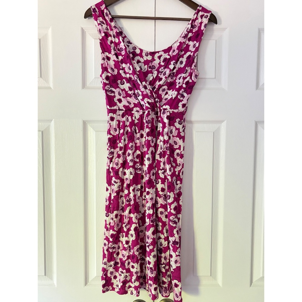 Garnet Hill Womens XS Magenta Pink‎ Floral Jersey Faux Wrap Midi Dress Pockets